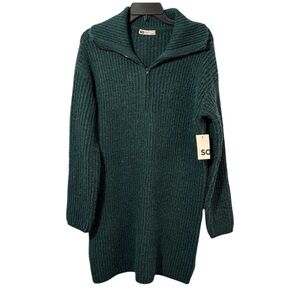 SO Sweater Green Tunic Length‎ Ribbed Quarter Zip w/ Collar Size L  NWT